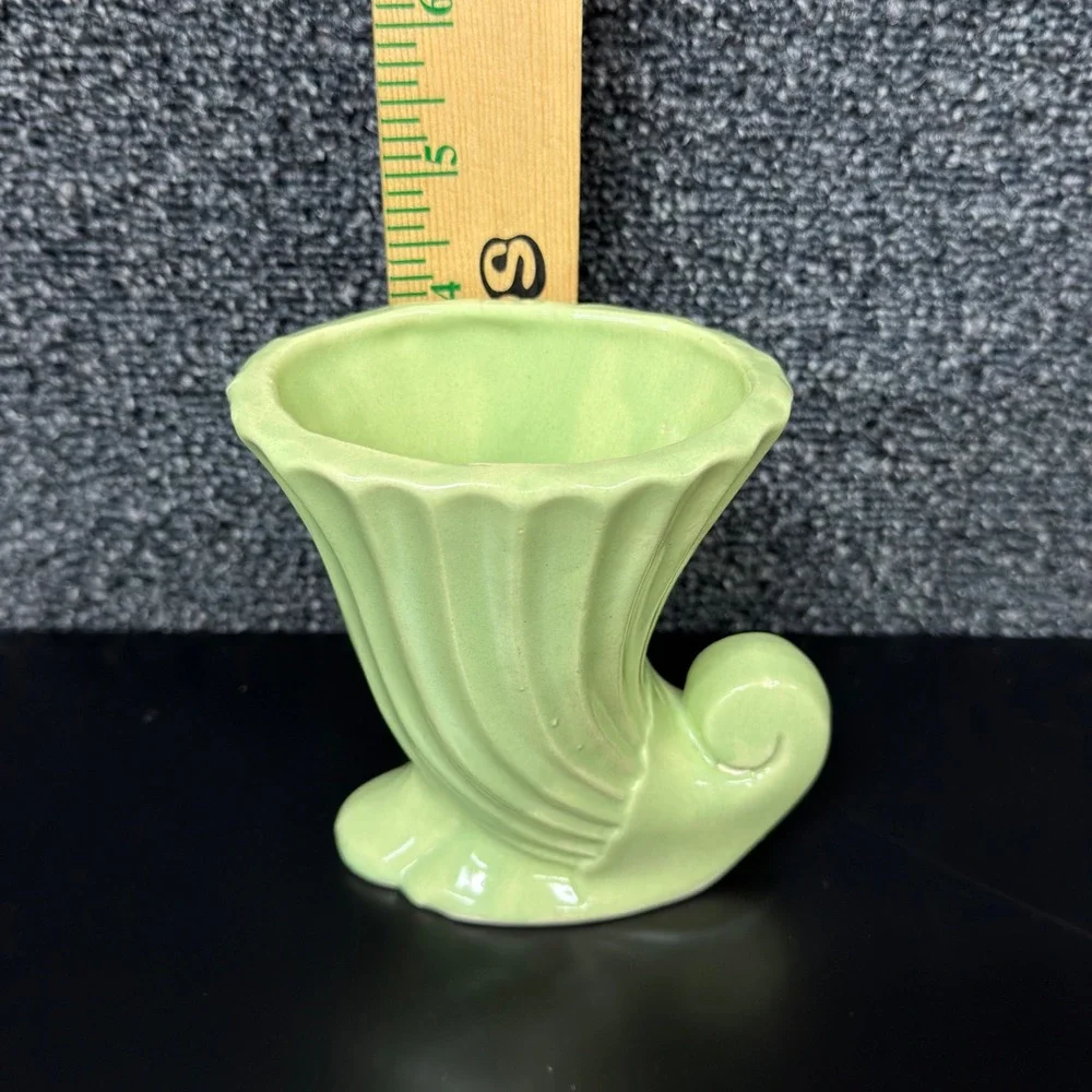 Vintage Green Ceramic Cornucopia Vase Set Mid Century Ribbed Scrolled Planter